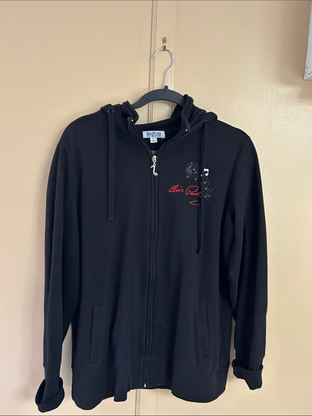 The Bradford Exchange Black Hoodie with Red Elvis Script and Gray Musical Design